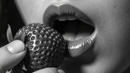 Close up of person mouth holding strawberry, showcasing glossy lips and playful expression. image captures sense of allure and temptation