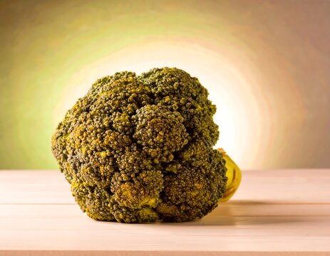 Fresh broccoli head on a light wooden surface