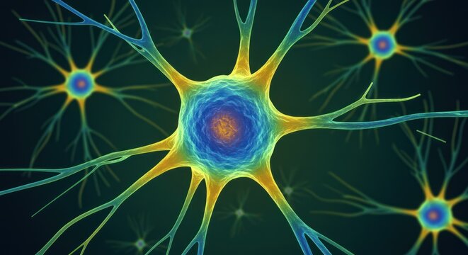 Neurons with branching dendrites and axons against a dark green background.