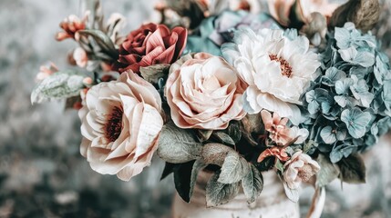 Elegant Floral Arrangement with Soft Pink and Blue Flowers in Vase for Home Decor