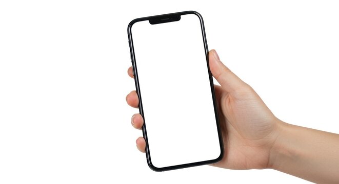 Hand holding a smartphone with a blank white screen against a white background.