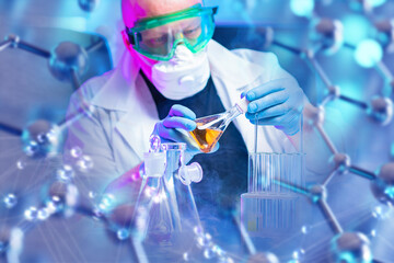 Scientist in protective gear conducting chemical experiment in laboratory with test tubes and flasks, molecular structure overlay, innovation in chemistry and nanotechnology