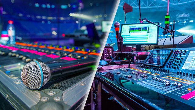 Concert audio equipment, microphone, sound mixer and control panel with digital screens, stage sound engineering, live event production