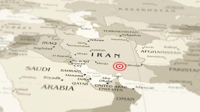 Earthquake Risk Zones in Iran&ndash; 4K Satellite View with Seismic Wave Animation. The camera slowly zooms in on the map, highlighting a red circle indicating the seismic hazard zone. 