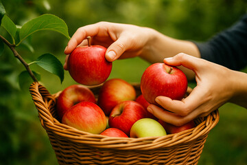 Close-up view of female hands placing ripe red apples into a wicker basket full of freshly picked fruit. Harvesting apples in orchard on a green blurred background. Healthy organic food and autumn har