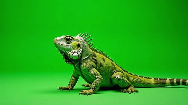 Green iguana lizard poised on a bright green surface, looking alert