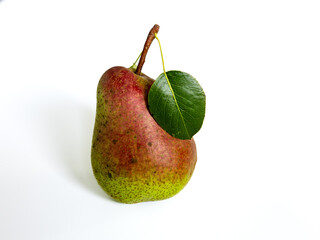 Selective focus closeup of ripe Flemish Beauty pear on plain white background
