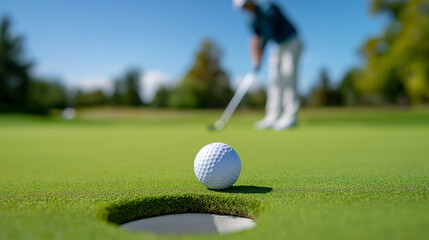Close-up of golf ball on putting green with blurred golfer in background on a sunny day.  
