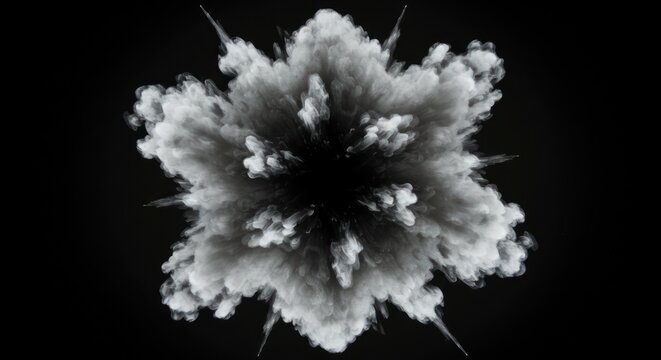 White smoke explosion against a black background creating a radial abstract pattern.