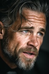 Fototapeta premium Middle-aged man talking passionately during an interview or conversation. The style of the photograph is reminiscent of glossy magazines, soft cinematic lighting that highlights details and textures 