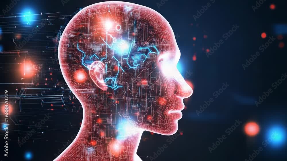 Poster artificial intelligence processing data in a futuristic human head