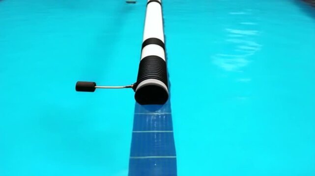 Swimming Pool Lane Divider, A clean and clear swimming pool features vibrant blue water reflecting sunlight,
