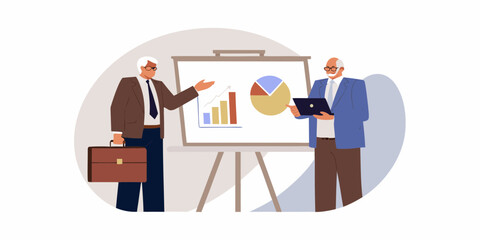 Two senior businessmen presenting financial charts and data on a whiteboard during a meeting