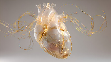 Anatomical heart model with golden filaments and a translucent body on a neutral background