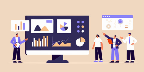 Business team analyzing financial data charts and graphs on a large computer screen during a presentation