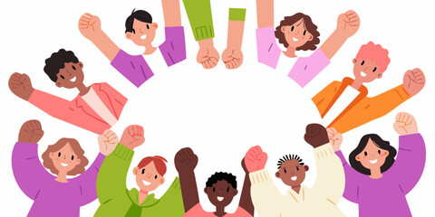 Diverse group of people raising their fists in a circle celebrating unity and empowerment