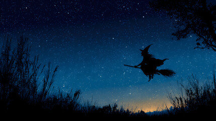 Witch silhouette flying across corner, night sky blank for words