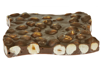 handmade broken chocolate with hazelnuts isolated on white background