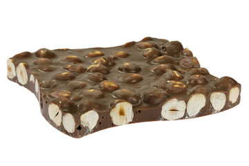 handmade broken chocolate with hazelnuts isolated on white background