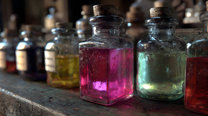 Witchs potion lab with colorful glowing liquids in glass bottles, cinematic realism