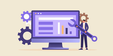 Businessman with wrench fixing computer screen displaying charts and gears symbolizing system maintenance and optimization
