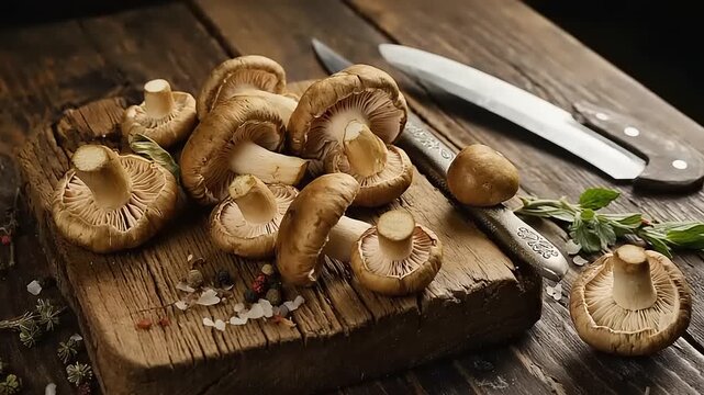 Mushrooms on a wooden board with a knife, herbs and seasonings. Rustic, earthy