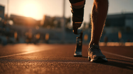 A close-up of an athlete with a prosthetic running blade and sports shoe on a track at sunset, symbolizing strength, resilience, and determination in competitive sports