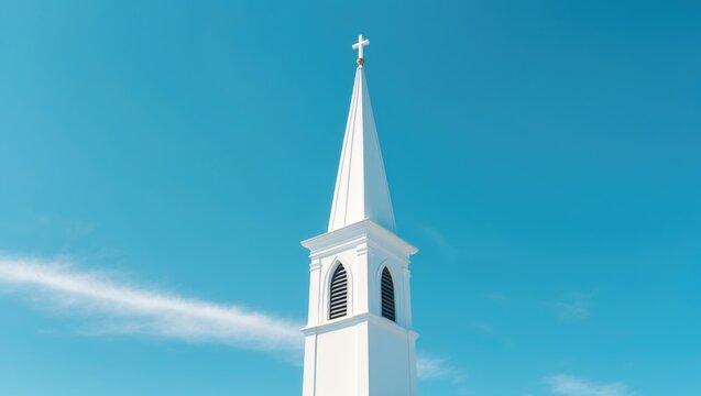 A church steeple with a cross on top against a blue sky.