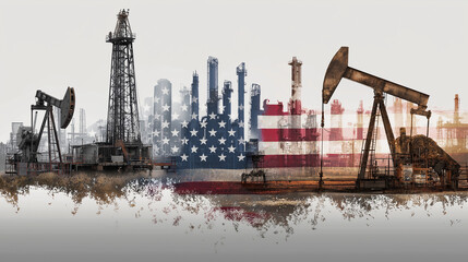 Oil industry in america concept with oil rigs and american flag overlayed