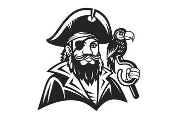 Bearded Pirate with Eye Patch Holding Sword and Parrot on White Background