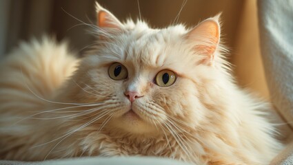 Fototapeta premium A close-up of a fluffy cream-colored cat with striking yellow-green eyes, lying indoors near a light-colored curtain.