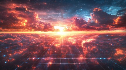 Fototapeta premium Sunrise over a digital cloud landscape; futuristic sky