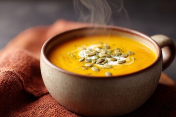 Pumpkin soup with crème fraîche and olive oil in rustic bowl, cozy autumn editorial styling