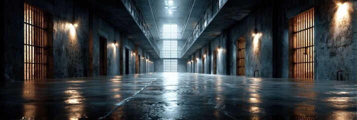 Spacious prison corridor with barred cells illuminated by soft lights during misty evening hours
