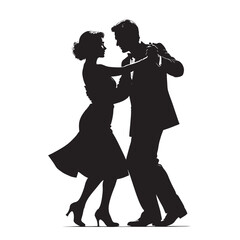 An abstract vector illustration depicts black silhouettes of people, including a man and woman, dancing salsa with love