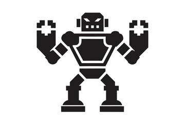 Black Mechanical Robot Silhouette with pixelated Hands on White Background