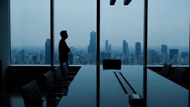 High office view of city skyline with person looking out. Suitable for business concepts, urban lifestyle, office settings, and corporate visuals.