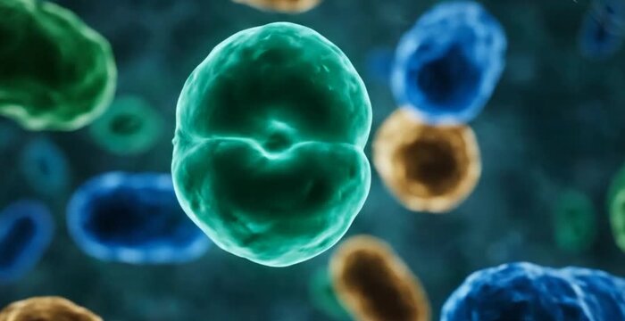 A microscopic view of abstract, organic cell-like shapes slowly moving and dividing.