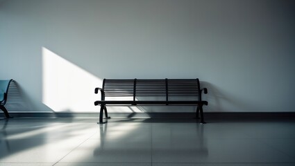 Fototapeta premium Empty bench in a minimalistic space with light and shadow contrast. Waiting area, seating, and interior design.