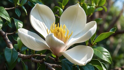A white magnolia flower with yellow stamens blooming on a branch with green leaves.