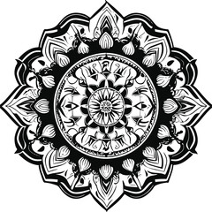 Bold tribal mandala design in black and white, thick outlines with ethnic patterns, symmetrical vector illustration 1