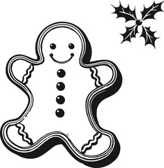 Simple line art of a gingerbread cookie with decorative outline, black and white vector, festive winter packaging design