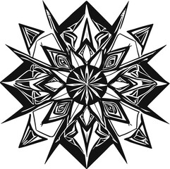 Black and white mandala made of bold geometric shapes, circles, triangles and squares, thick line art symmetry design