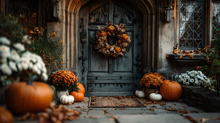 Obraz premium Old wooden door decorated with carved pumpkins and autumn wreath, soft evening light