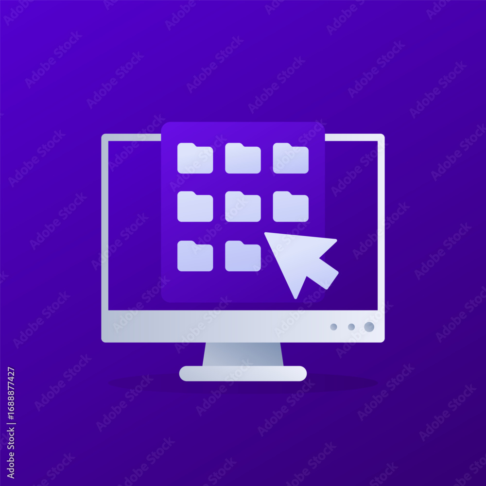Poster file management vector icon, user data in folders and cursor