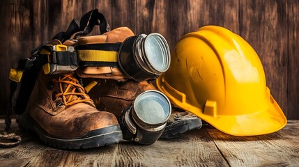 Fototapeta premium Industrial safety gear including boots, a helmet, and goggles arranged on a wooden surface