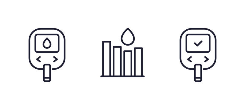 Glucose monitoring line icons with a glucometer and blood sugar chart - Powered by Adobe
