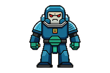 Blue Armored Pixel Robot Character Design with Red Eyes on White Background