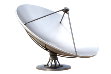 Silver satellite dish antenna on metal stand isolated on a transparent background 1