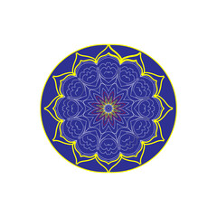 A vibrant, circular mandala with intricate geometric patterns in shades of blue and yellow, radiating outwards from a central point.